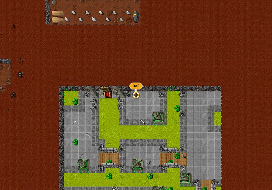 Mapa da dungeon Pits of Inferno com o baú marcado