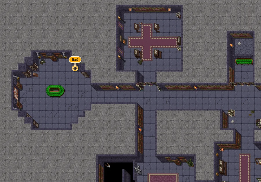Mapa da dungeon Secret Library com o baú marcado