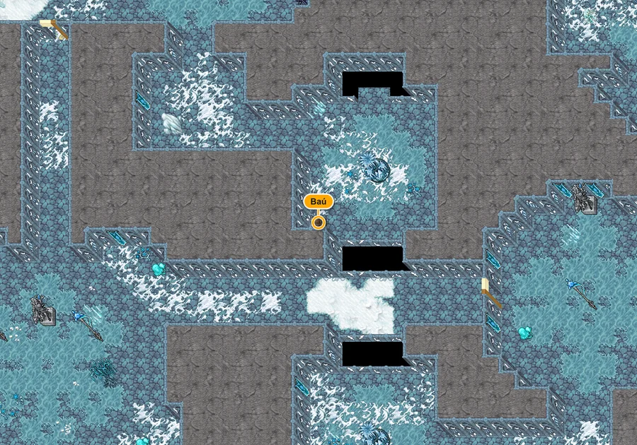 Mapa da dungeon Dream Courts (inverno) com o baú marcado