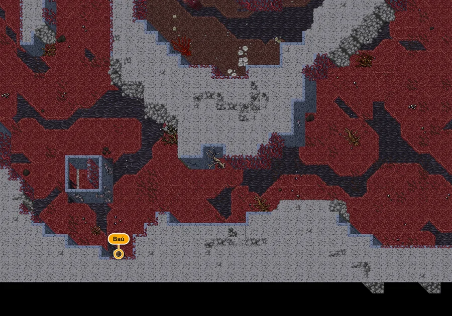 Mapa da dungeon Rotten Wasteland com o baú marcado